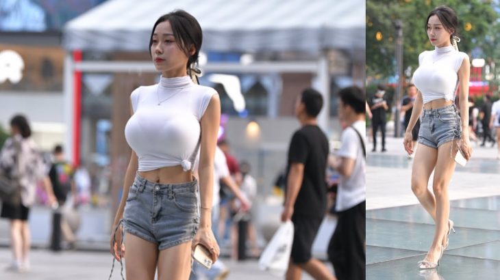 街拍 模拍 거유 핫팬츠 巨乳ホットパンツ娘 Tits hot pants girl filming TikTok on the street